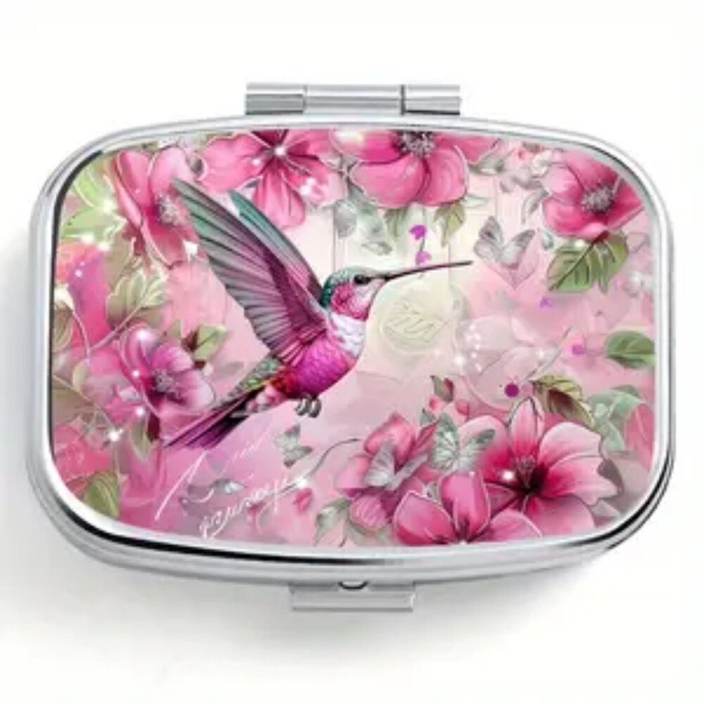 1pc.  Pink Hummingbird & Pink Flowers Pill Box